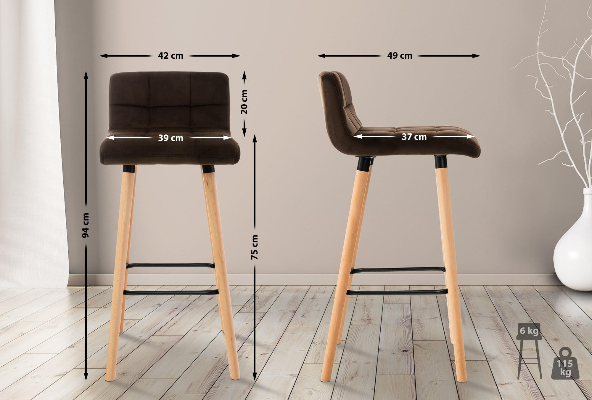 BARHOCKER 2er Set Samt Braun - Eukalyptusholzfarben/Braun, Holz/Textil (42/94/49cm) - CLP