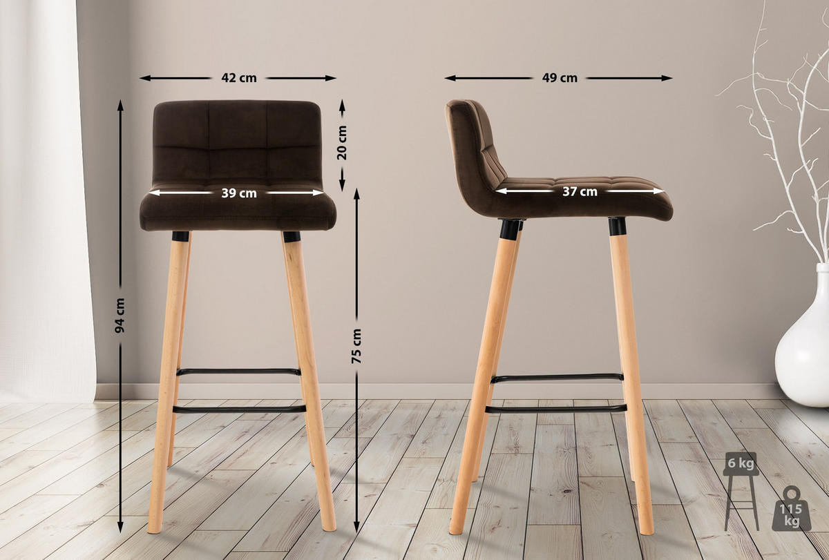 BARHOCKER 2er Set Samt Braun - Eukalyptusholzfarben/Braun, Holz/Textil (42/94/49cm) - CLP
