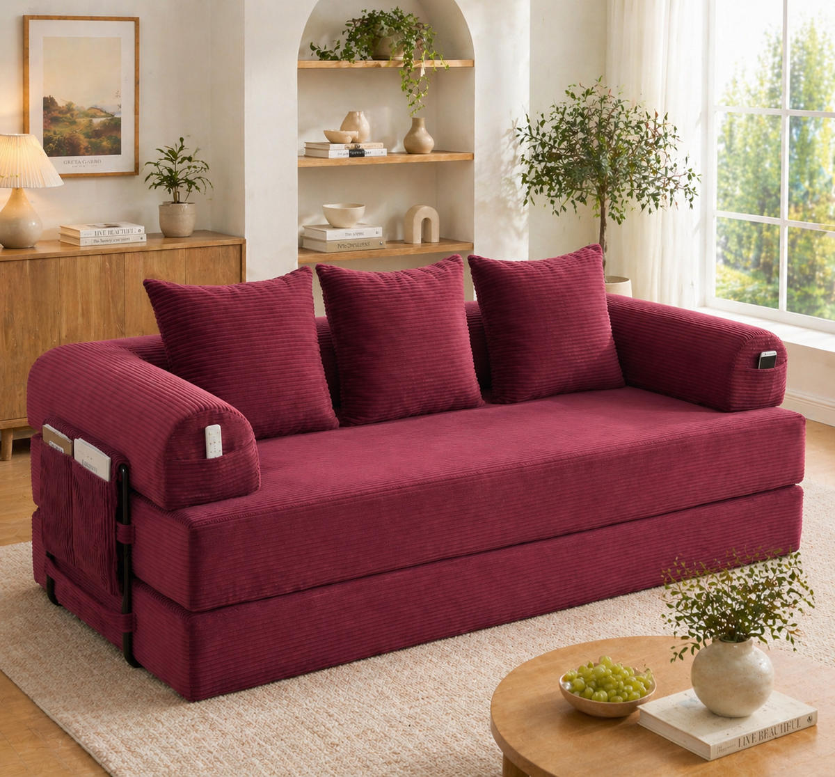 SCHLAFSOFA DE-33705 mit 3 Kissen und Seitentasche Weinrot - Weinrot, Textil (200/67/94cm) - ComfortXL