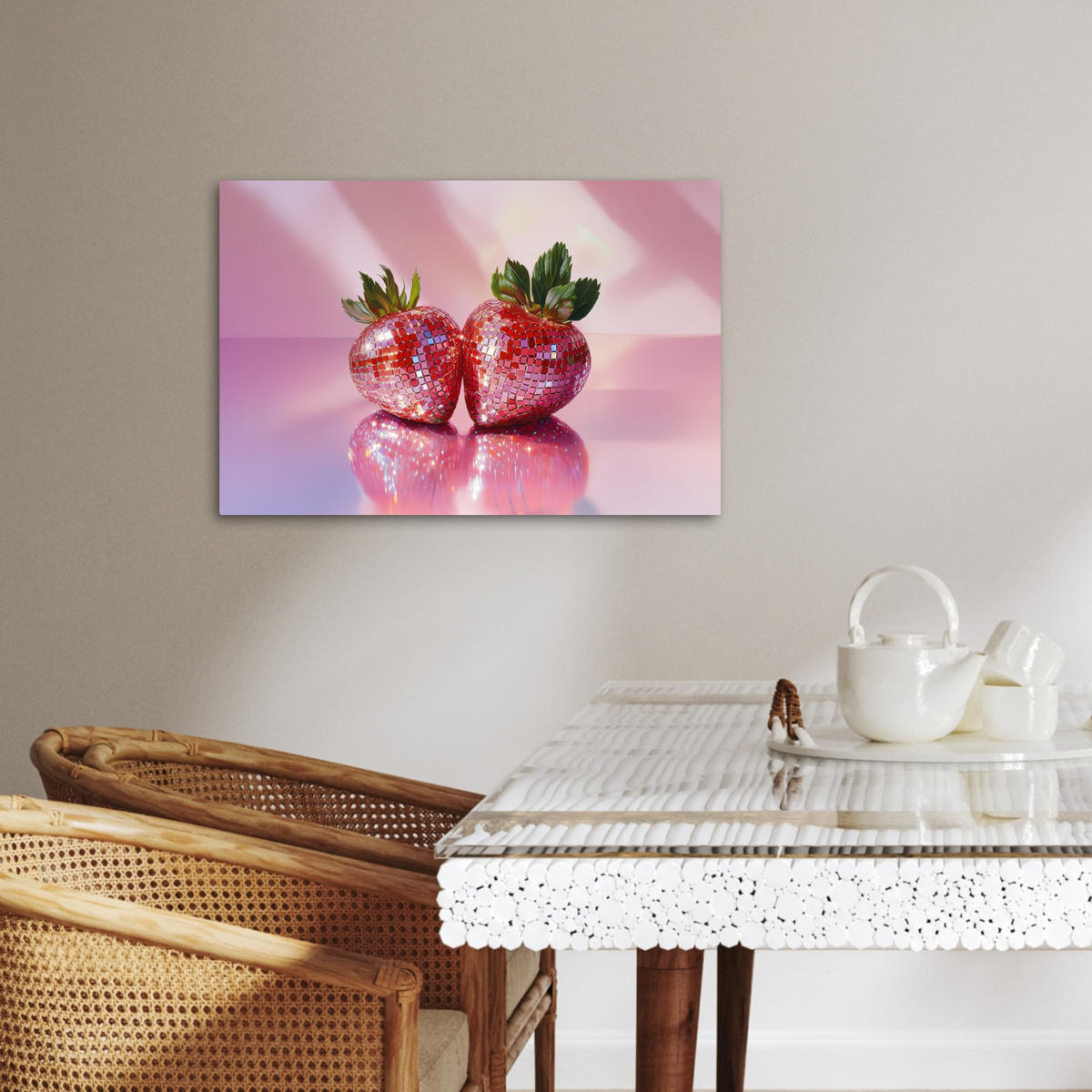 LEINWANDBILD Disco - Obst - Glitzer - Erdbeere Gemälde 60x40 cm - Pink, Textil (60/40cm) - MuchoWow