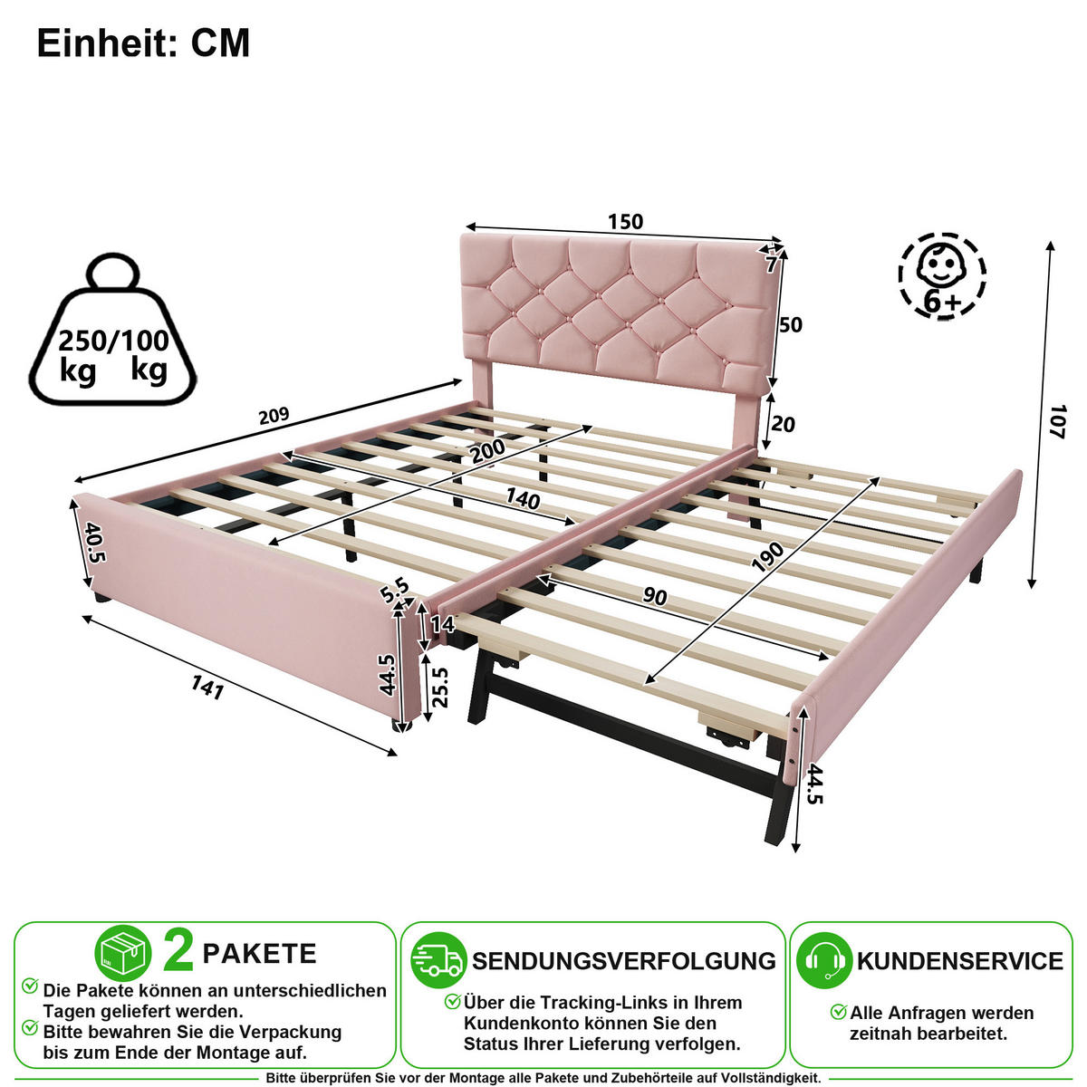 POLSTERBETT 140/200 cm & 90/190 cm in Rosa mit Rollbett und Lattenrost Samt - Rosa, Holzwerkstoff/Textil (140/200cm) - CHICFURN