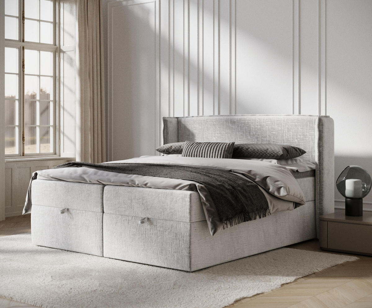 BOXBETT Passion Hellgrau 160/200 cm mit Matratze und Topper - Hellgrau/Schwarz, Holz/Holzwerkstoff (160/200cm) - Maison de Reve