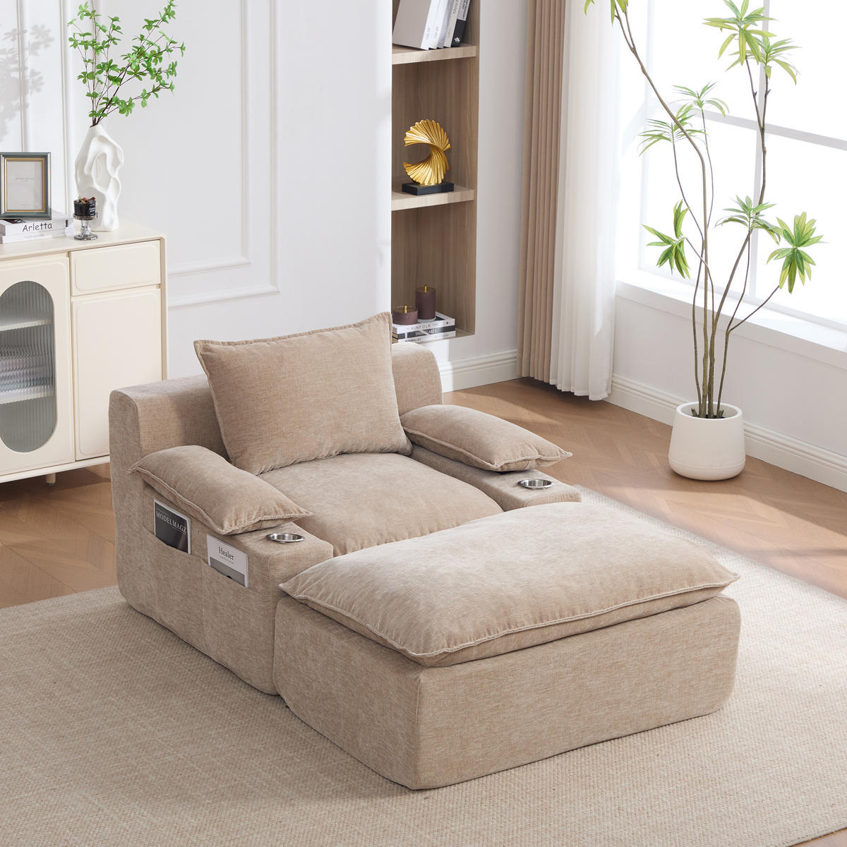 SESSEL DE-35157 mit 4 Kissen Hellkhaki - Sandfarben, Textil (93/81/113cm) - ComfortXL