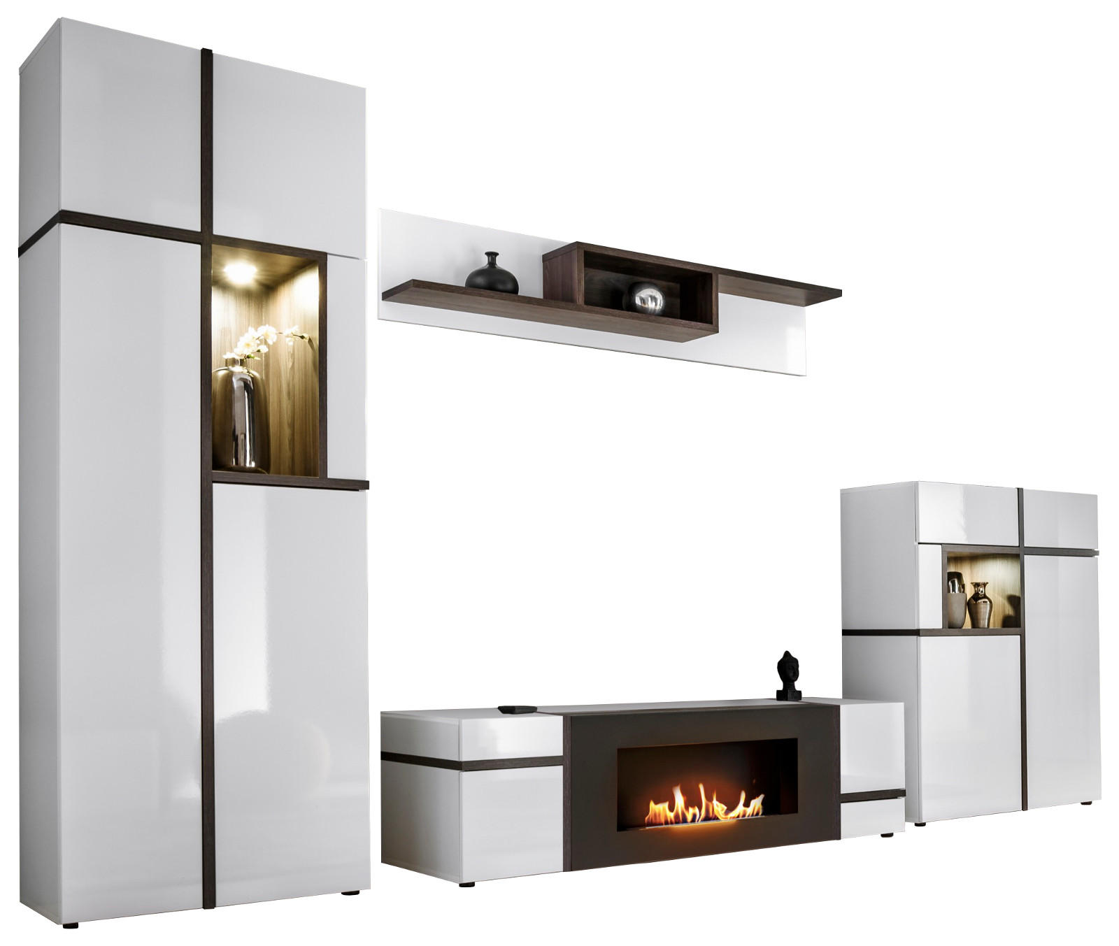WOHNWAND weiß Hochglanz, Ulme 340 cm, Schrankwand mit Kamin, inkl. LED-Beleuchtung - Ulmefarben/Weiß Hochglanz, Glas/Holzwerkstoff (340/197/50cm) - Inn.Furn
