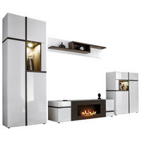 WOHNWAND weiß Hochglanz, Ulme 340 cm, Schrankwand mit Kamin, inkl. LED-Beleuchtung - Ulmefarben/Weiß Hochglanz, Glas/Holzwerkstoff (340/197/50cm) - Inn.Furn
