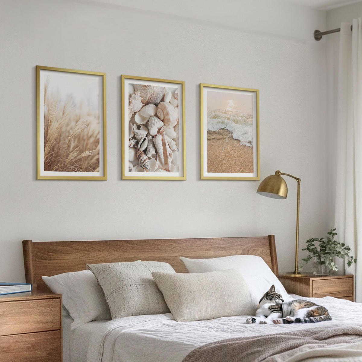 WANDBILDER 3er Set - 40x60 cm Goldrahmen - Strandmotive, Muscheln, Wellen - Goldfarben, Kunststoff (40/60cm) - ArtPrintCave