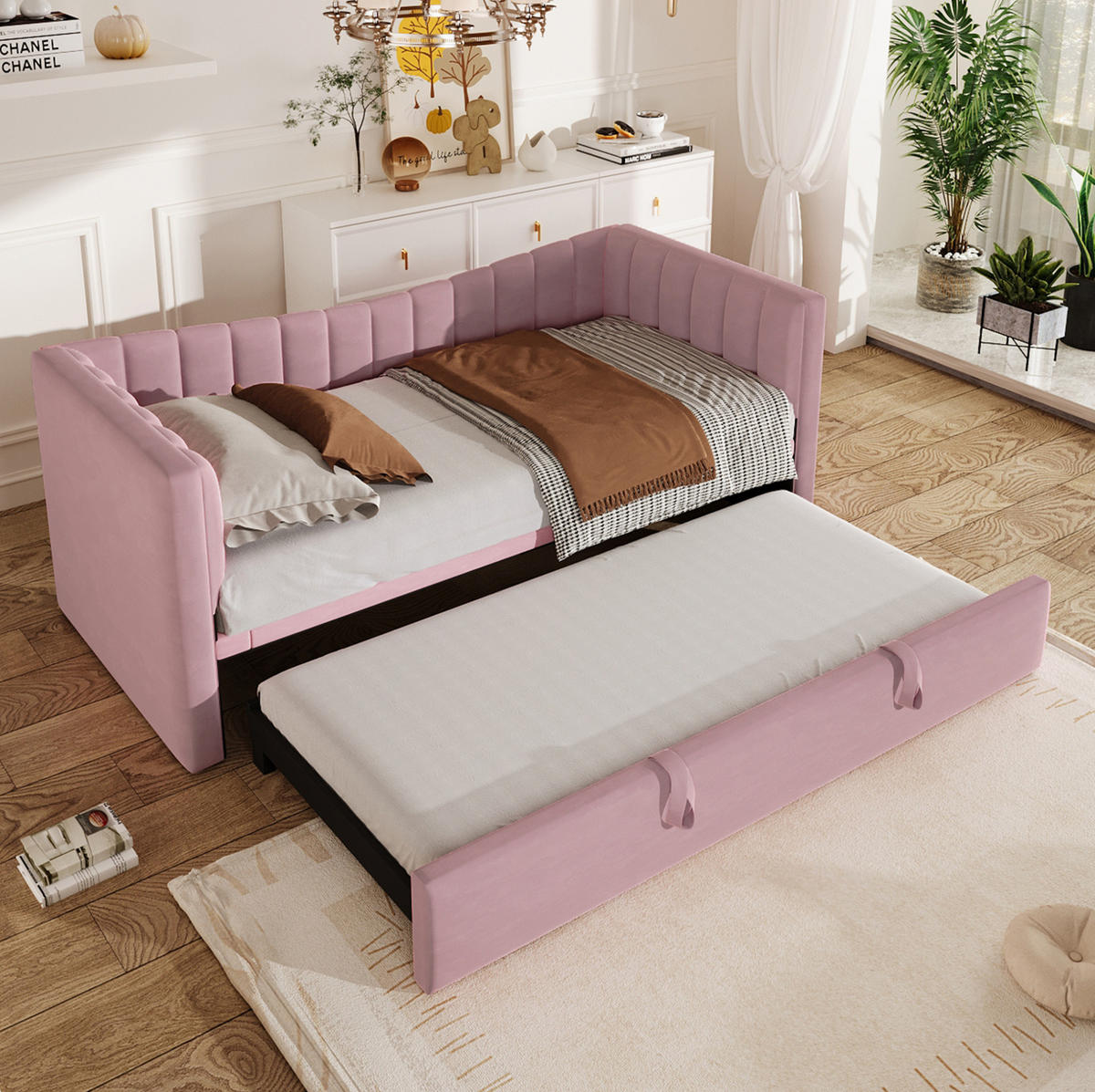 POLSTERBETT 90/200 cm in Rosa aus Samt mit Ziehbett - Rosa, Textil (180/200cm) - Flora Grace