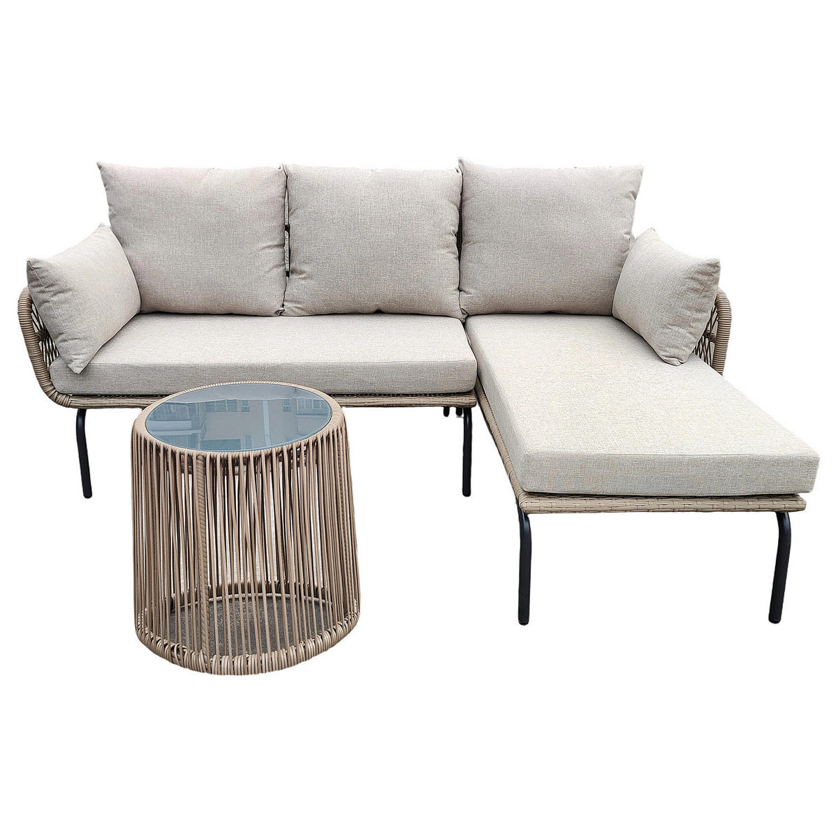 LOUNGESET - Polyrattan / Polyester - Beige / Grau - 3-teilig - Beige, Glas/Kunststoff - home24
