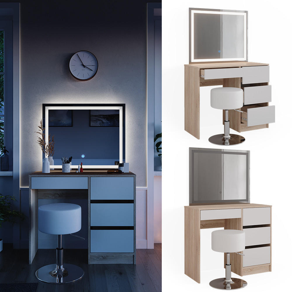 SCHMINKTISCH Sherry Sonoma 90 cm mit LED-Spiegel und Hocker - Weiß/Sonoma Eiche, Holzwerkstoff (90/75/40cm) - Vicco