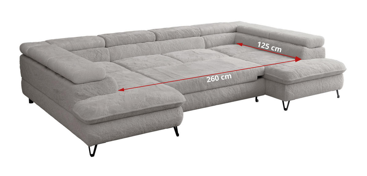 WOHNLANDSCHAFT PETER U Plüsch Hellgrau - Hellgrau/Schwarz, Textil/Metall (346/76/208cm) - MKS