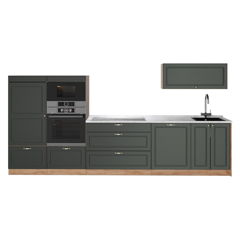 KÜCHENZEILE Fame-Line, Grün-Gold Landhaus/Goldkraft Eiche, 340 cm, AP Marmor - Eichefarben/Grün, Holzwerkstoff (340/153.6/60cm) - Vicco