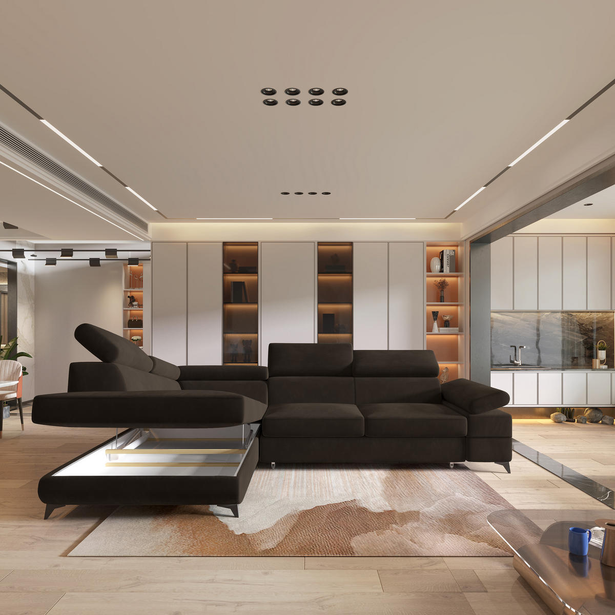 ECKSOFA FAVIEN L-S Braun Velours-Stoff mit Schlaffunktion - Braun, Holz (257/190cm) - MASSENO