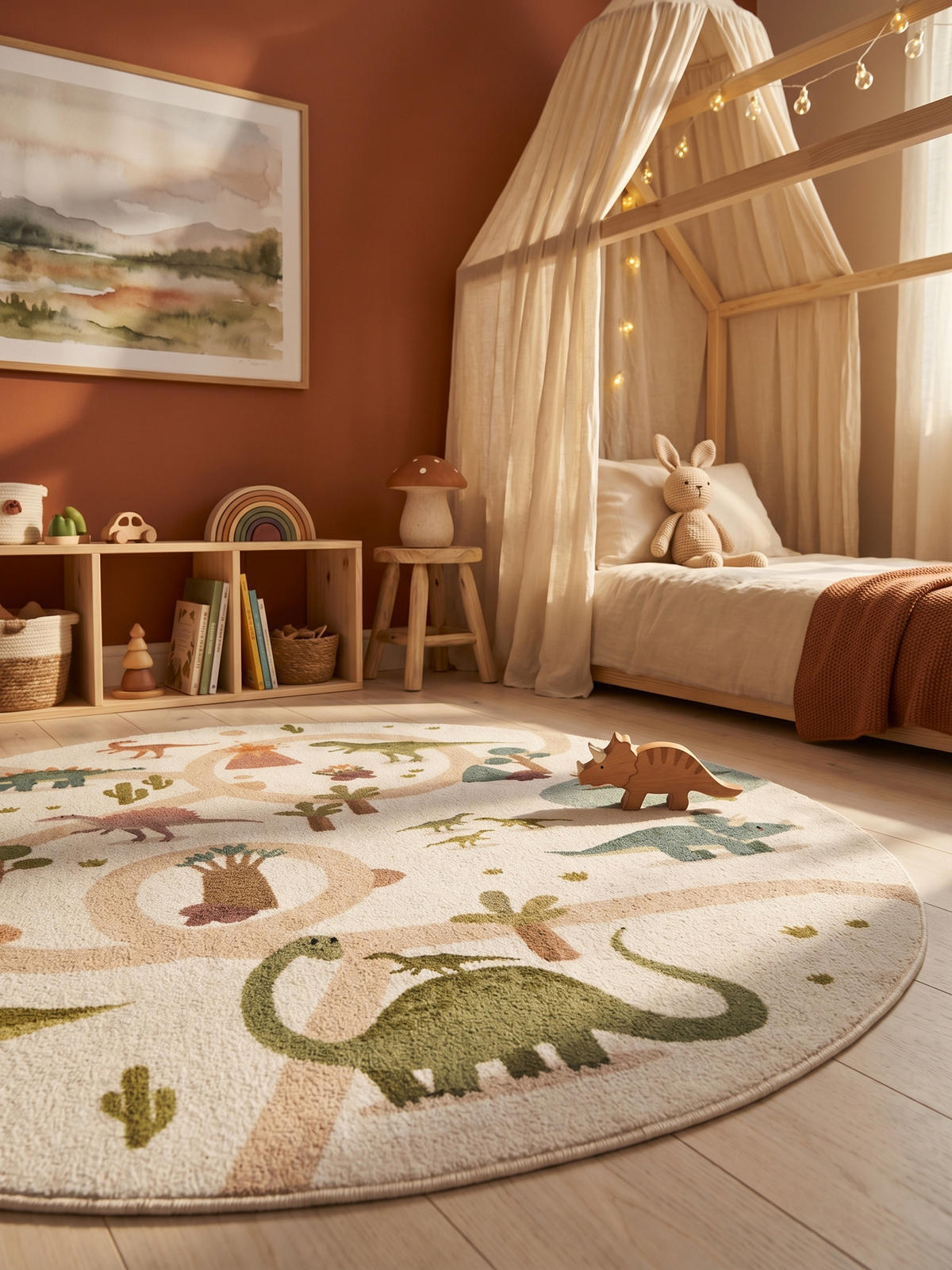 KINDERTEPPICH Kurzflor Dinosaurier-Landschaft Waschbar OEKO-TEX Spielteppich Jungen Mädchen Rund Creme 200x200 – TINO - Creme, Textil (200/200cm) - KADIMA DESIGN