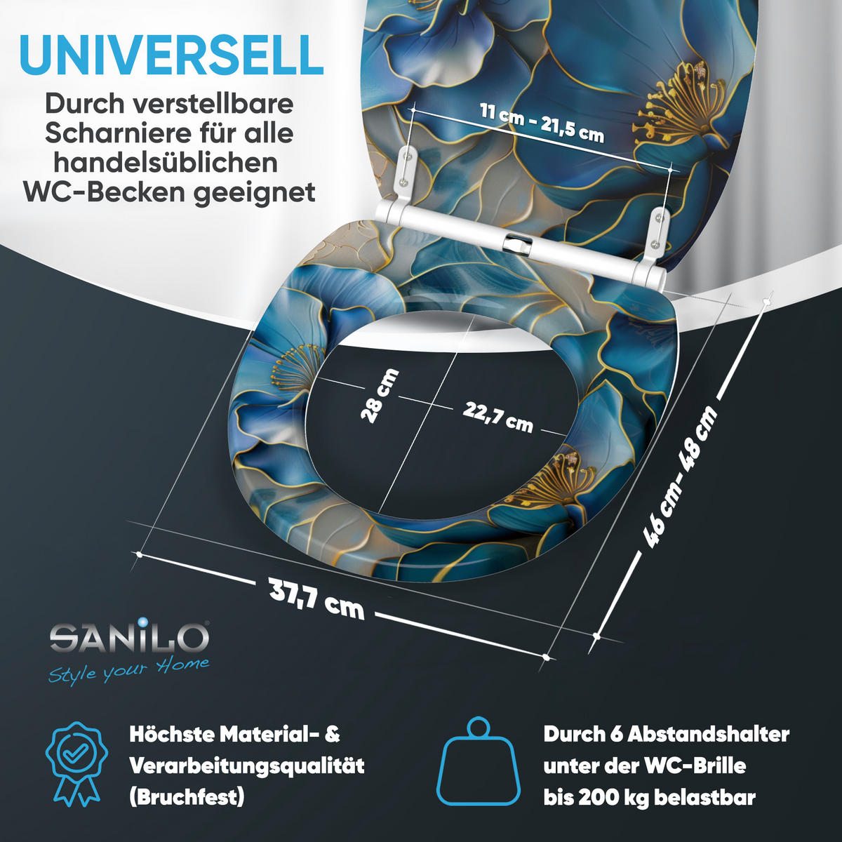 WC-SITZ mit Absenkautomatik & Top Fix Bluemara - Blau, Holzwerkstoff (37.7/5.5/48cm) - Sanilo