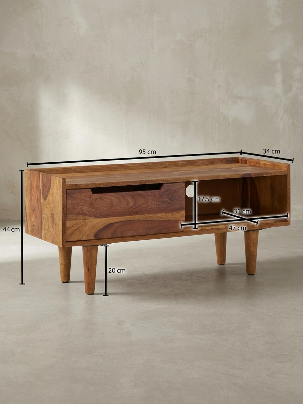 LOWBOARD Massivholz Modern Stil für Fernseher bis 50 Zoll mit Schiebetür und 2 Fächern - Braun, Holz (95/44/34cm) - KADIMA DESIGN