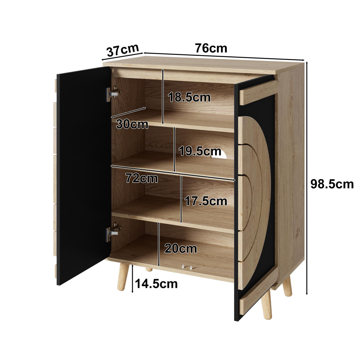 SCHUHSCHRANK Modern Runde Geometrische Türen Stauraum Holzbeine - Schwarz, Holzwerkstoff (37/98.5/76cm) - FLIEKS