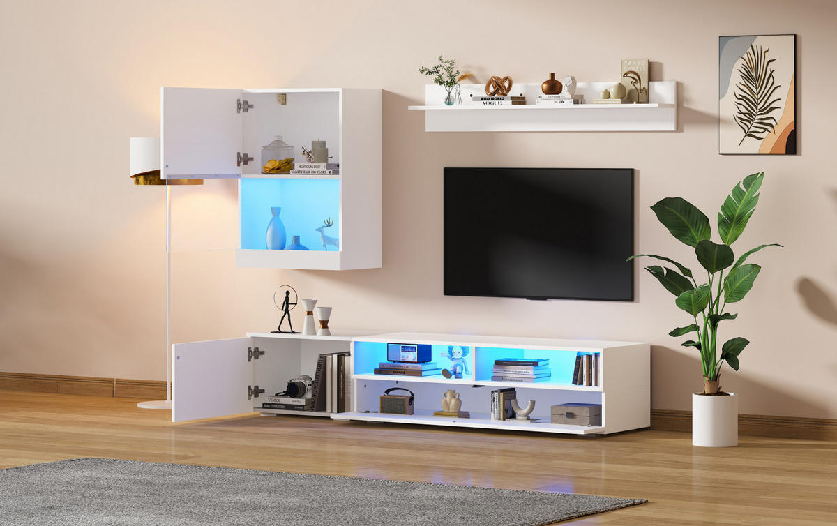 TV-WOHNWAND-SET 175/39/34 cm aus Spanplatte mit LED-Beleuchtung und Hochglanzfronten Weiß - Weiß, Holzwerkstoff (175/34/39cm) - Modenvie