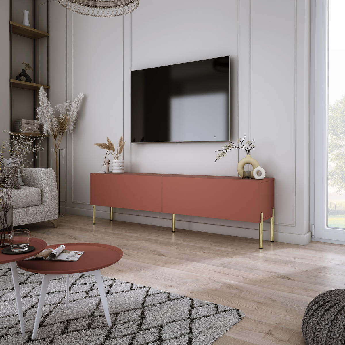 TV-SCHRANK : Ziegelrot, 140 x 52 x 32 cm, Goldene Beine - Rot/Goldfarben, Holzwerkstoff/Metall (140/52/32cm) - 3XE LIVING