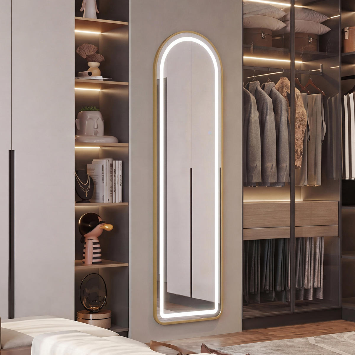 WANDSPIEGEL LED 150 x 40 cm aus Sicherheitsglas, Bogenform, gold - Goldfarben, Metall (40/150/3cm)