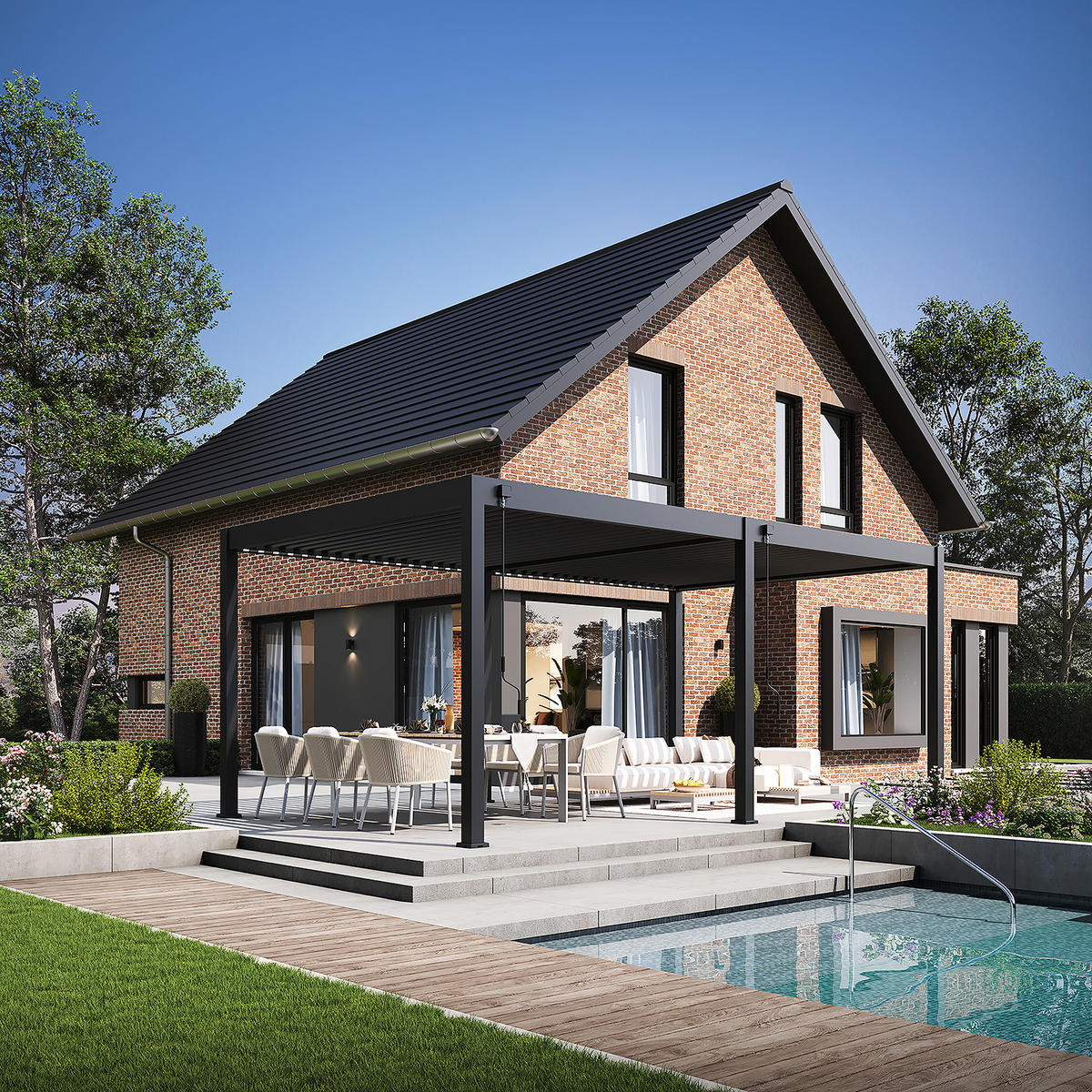 PERGOLA Deluxe Elektrisch Pavillon Terrassenüberdachung Aluminium LED 3,6 x 7,2 m - Anthrazit, Metall (360/255/720cm) - WEIDE