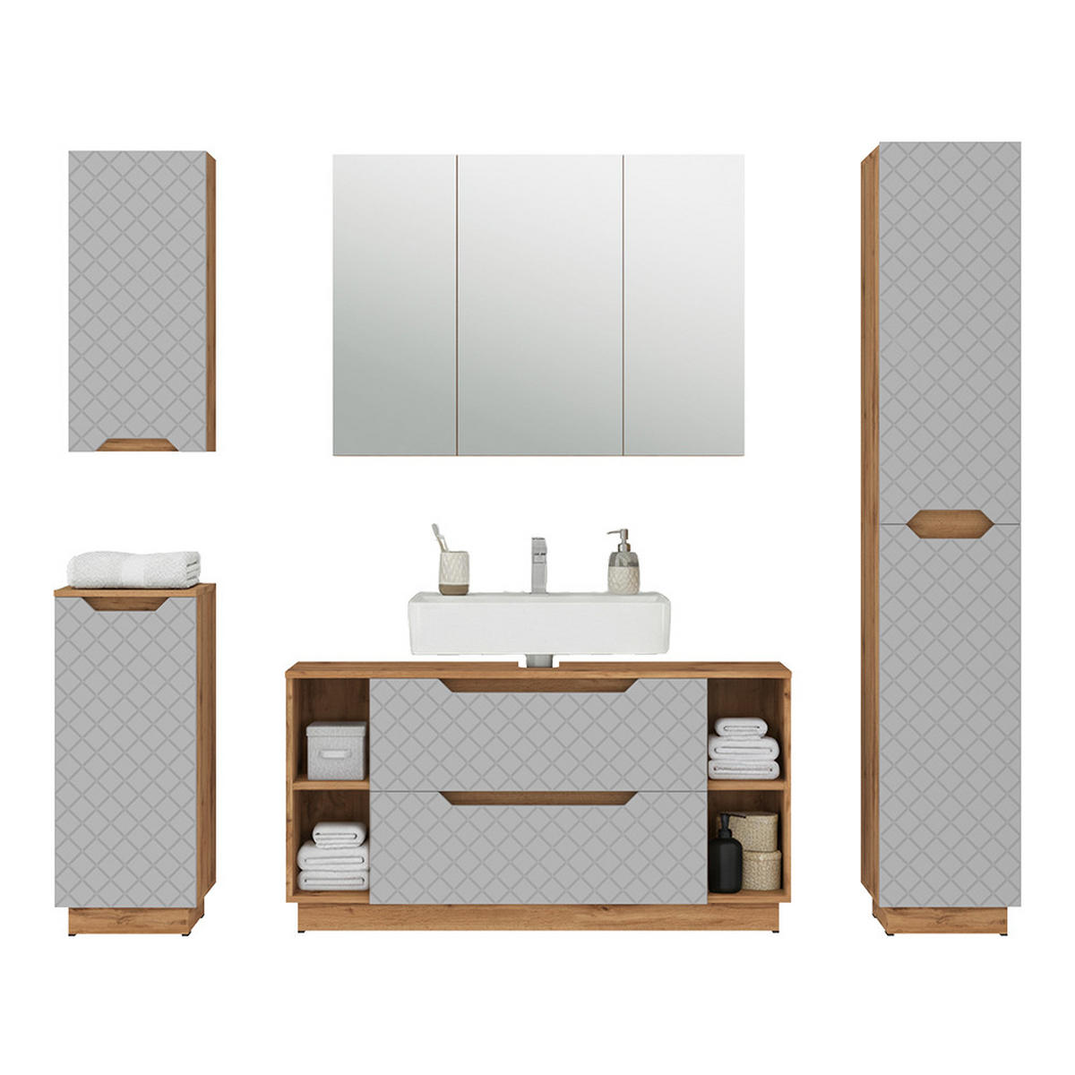 KOUPELNOVÝ NÁBYTEK Lotta Dub/šedá se strukturou dlaždic - šedá/barva dubu, kompozitní dřevo (119.2/62.5/35cm) - Vicco