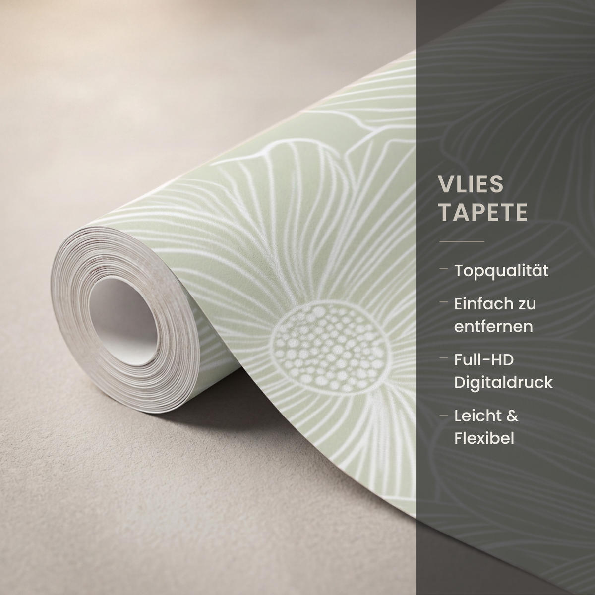 TAPETE - Gelassenheit - Blumen - Grün - 450x280 cm - Salbeigrün, Papier (450/280cm) - OnlyWow