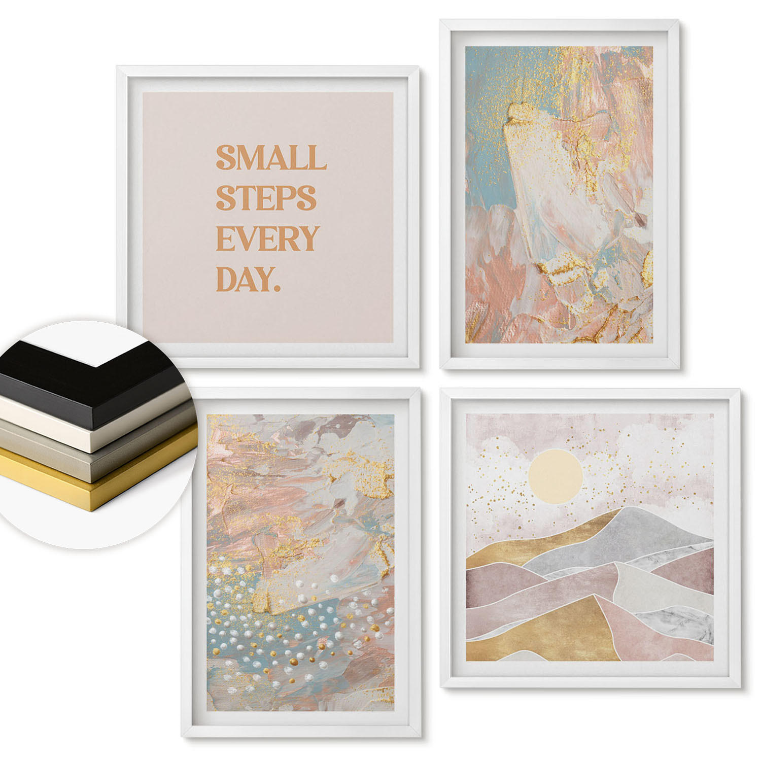 WANDBILDER 4er-Set - 50x50 cm & 40x60 cm Weißer Rahmen - Abstrakte Pastellmuster - Weiß, Kunststoff (50/50cm) - ArtPrintCave