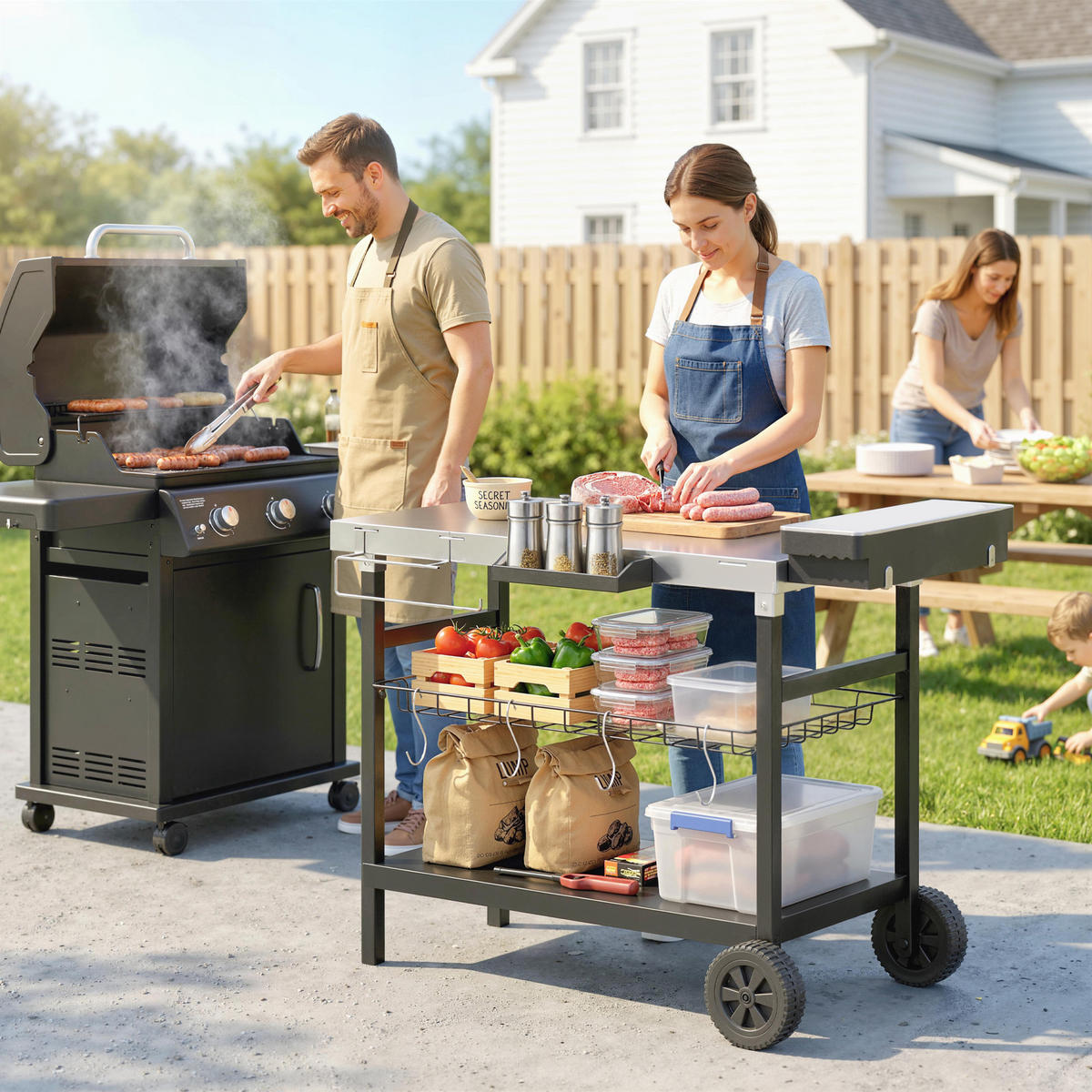 GRILLWAGEN DE-13863 mit 3 Ebenen, Edelstahl-Arbeitsplatte Schwarz - Schwarz, Metall (61/81/114cm) - ComfortXL