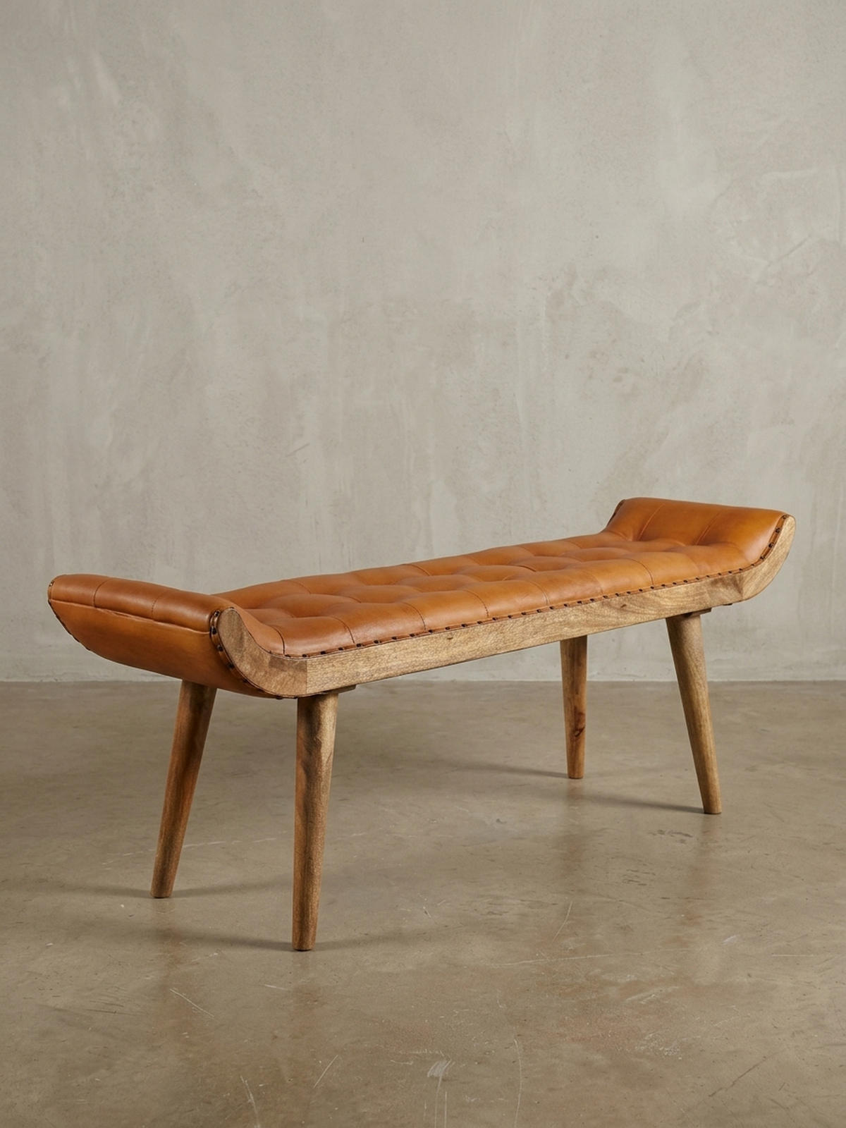 SITZBANK Massivholz Chesterfield Muster, Braun 125x38x50 cm - Braun, Mangoholz/Leder (125/50/38cm) - KADIMA DESIGN