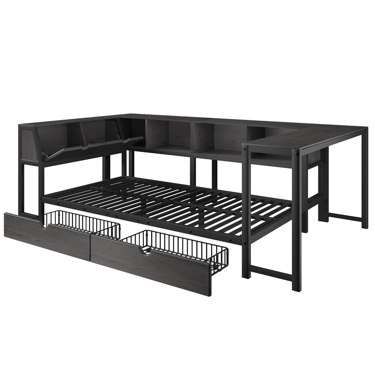 METALLBETT 90x200cm mit Stauraum-Kopfteil, Schwarz - Schwarz, Metall (90/200cm) - KOMHTOM