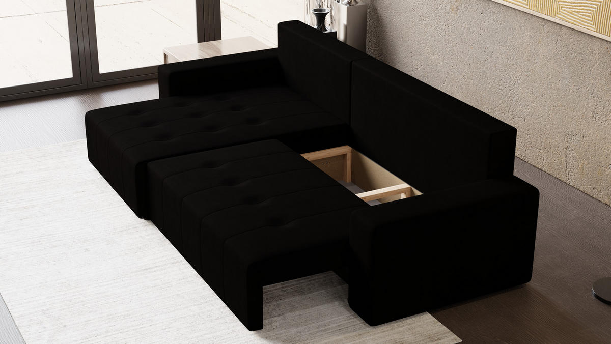 ECKSOFA Tico mit Bettkasten und Schlaffunktion, L-Form/XL-Form, Velourstoff, Universal - Schwarz, Holzwerkstoff (276/145cm) - 4ALL HOME