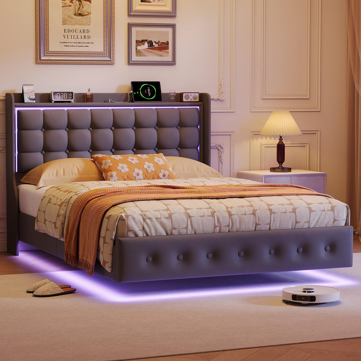 POLSTERBETT 140x200 cm Schwebebett mit LED & USB, Samtstoff Grau Doppelbett mit Lattenrost - Grau, Metall (140/200cm) - EuroLiving