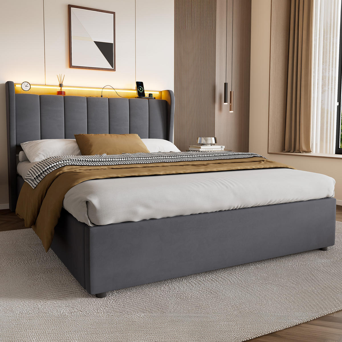 ČALOUNĚNÁ postel 140/200 cm tmavě šedá ze sametu s hydraulickým úložným prostorem, LED a nabíjecí stanicí - tmavě šedá, textil (140/200cm) - OKWISH