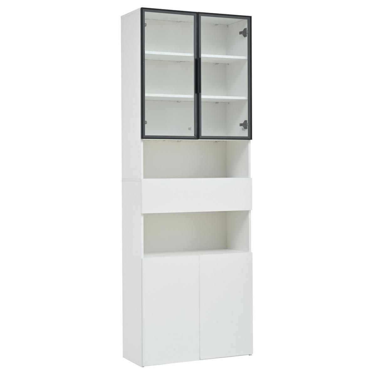 VITRINE 70/30/200 cm aus Spanplatte mit LED-Beleuchtung, Glastüren, Schublade und Unterschrank, Weiß - Weiß, Holzwerkstoff (70/200/30cm) - Redom