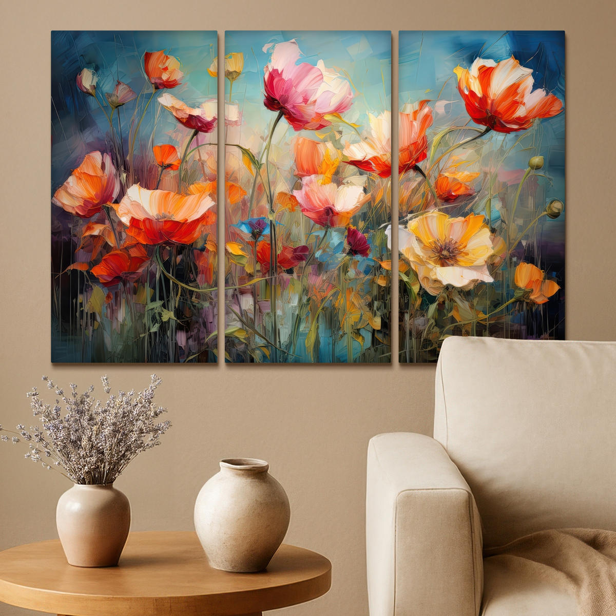 LEINWANDBILD 3er Set Blumen - Bunt - Abstrakt 90x60 cm - Blaugrau, Textil (90/60cm) - MuchoWow