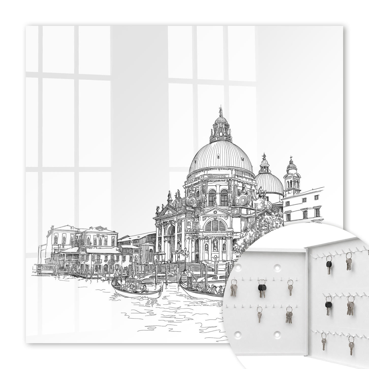 SCHLÜSSELBOX Weiß 30x30 cm – Türöffnung nach rechts - Venedig-Linien - Weiß, Metall (30/30/5cm) - TULUP