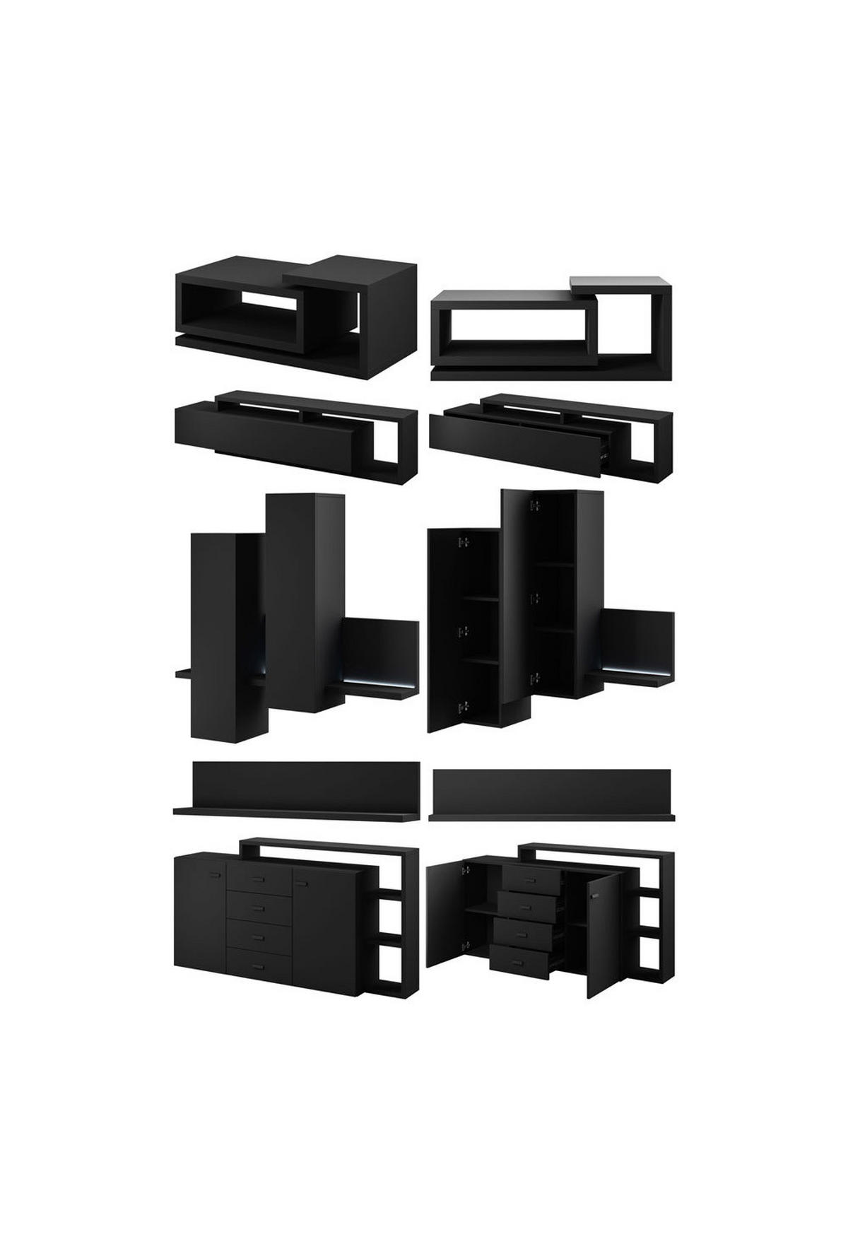 WOHNZIMMER-SET Bota schwarz matt 821x60x142cm - Schwarz, Holz/Holzwerkstoff (821/142/60cm) - Feldmann-Wohnen