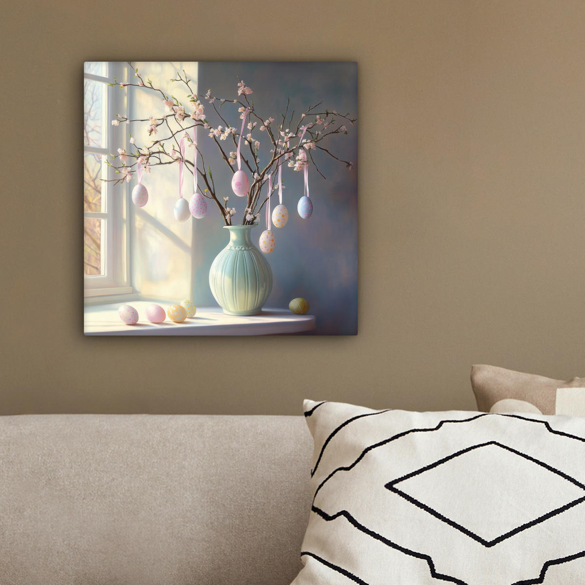 LEINWANDBILD Stillleben - Vase - Osterzweig Deko Wohnzimmer 20x20 cm - Hellblau, Textil (20/20cm) - MuchoWow