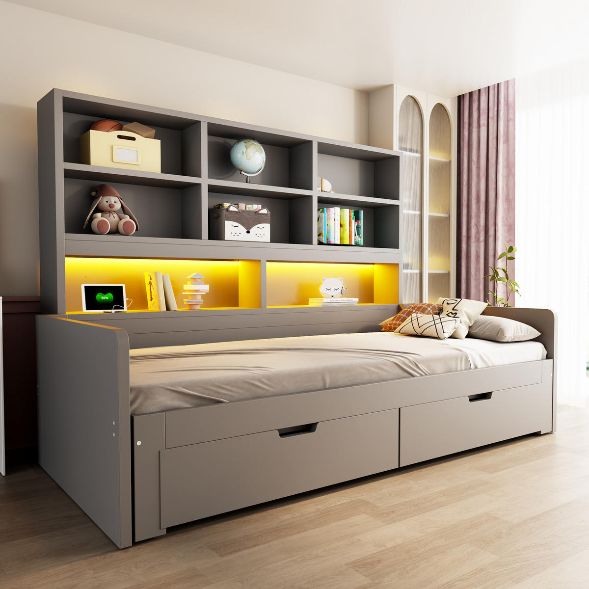 AUSZIEHBETT 90/180/200 cm mit Stauraum und LED, DE-41639, in Grau - Grau, Holzwerkstoff (90/200cm) - ComfortXL
