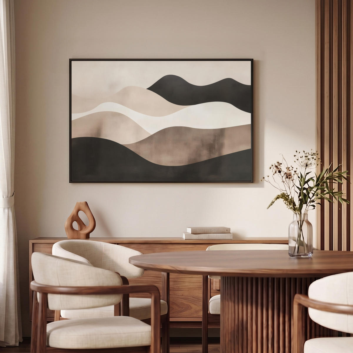 LEINWAND Bilder mit Rahmen - Abstrakt - Landschaft - Wellen - Cremefarben - 90x60 - Cappuccino, Textil (90/60cm) - MuchoWow
