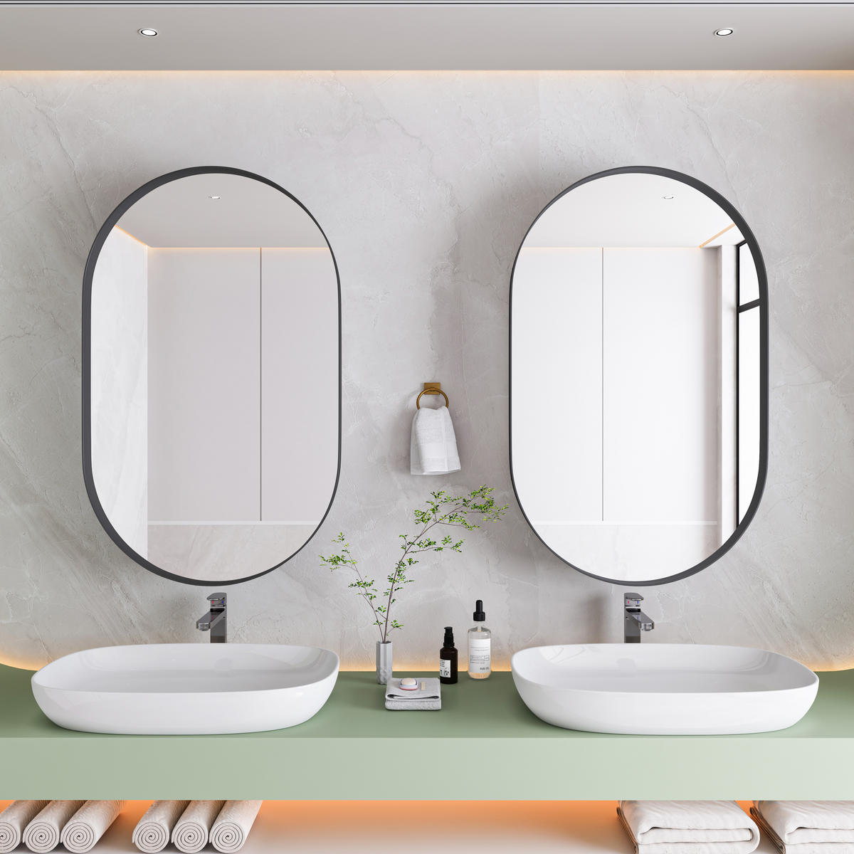 SPIEGELSCHRANK oval mit schwarzem Metallrahmen – Wandschrank mit Spiegel & verstellbaren Ablagen, für Bad, Wohn- & Schlafzimmer - Schwarz, Metall (51.5/12/85cm) - Ej. Life