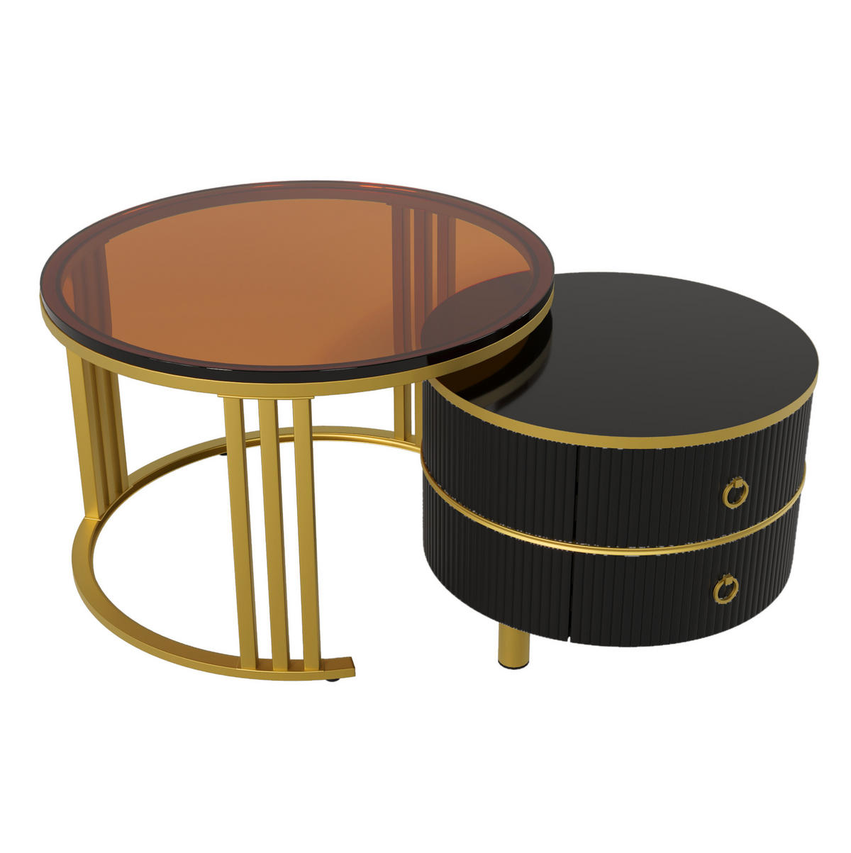 COUCHTISCH-SET, 2-teilig, MDF/Tanne mit gehärtetem Glas & Hochglanzfläche, 70/70/45 + 50/50/40 cm, Gold und Schwarz - Schwarz, Holzwerkstoff (70/70/46cm) - Redom