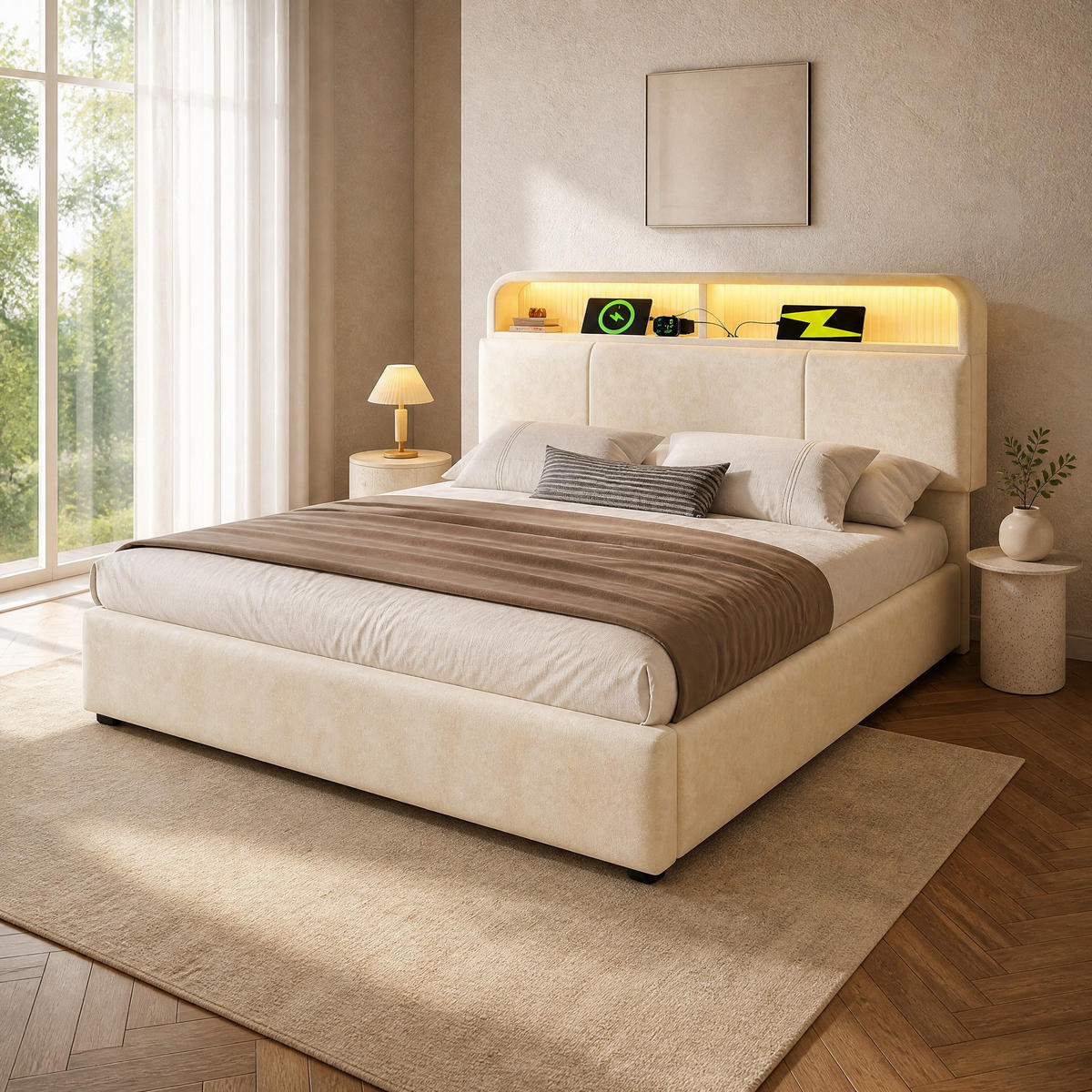 POLSTERBETT 140/200 mit Bettkasten, LED und USB in Beige - Beige, Holzwerkstoff/Textil (140/200cm) - EVRYAE