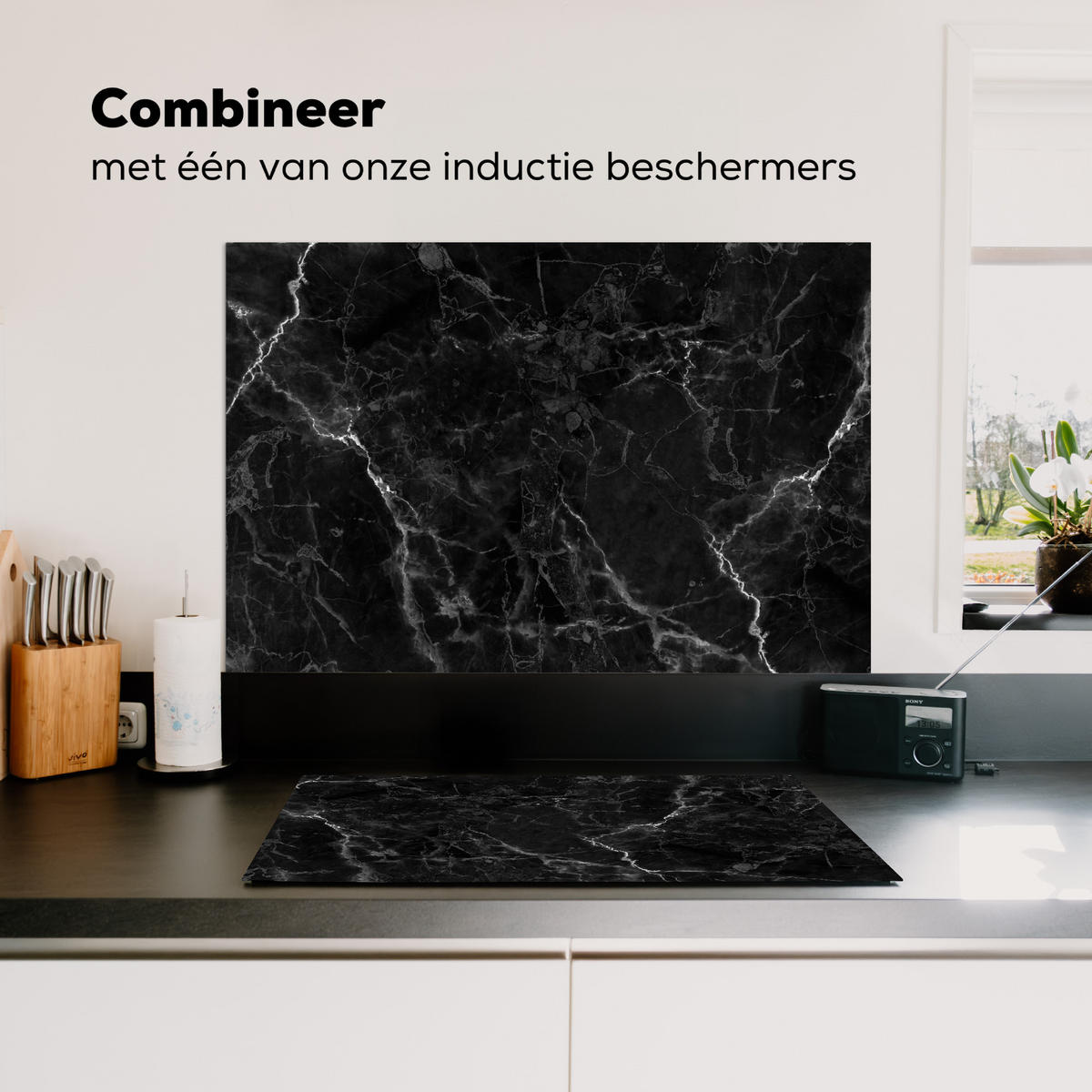 SPRITZSCHUTZ KÜCHE Marmor - Schwarz - Weiß - Textur - Marmoroptik 90x60 cm - Silberfarben, Metall (90/0.3/60cm) - MuchoWow