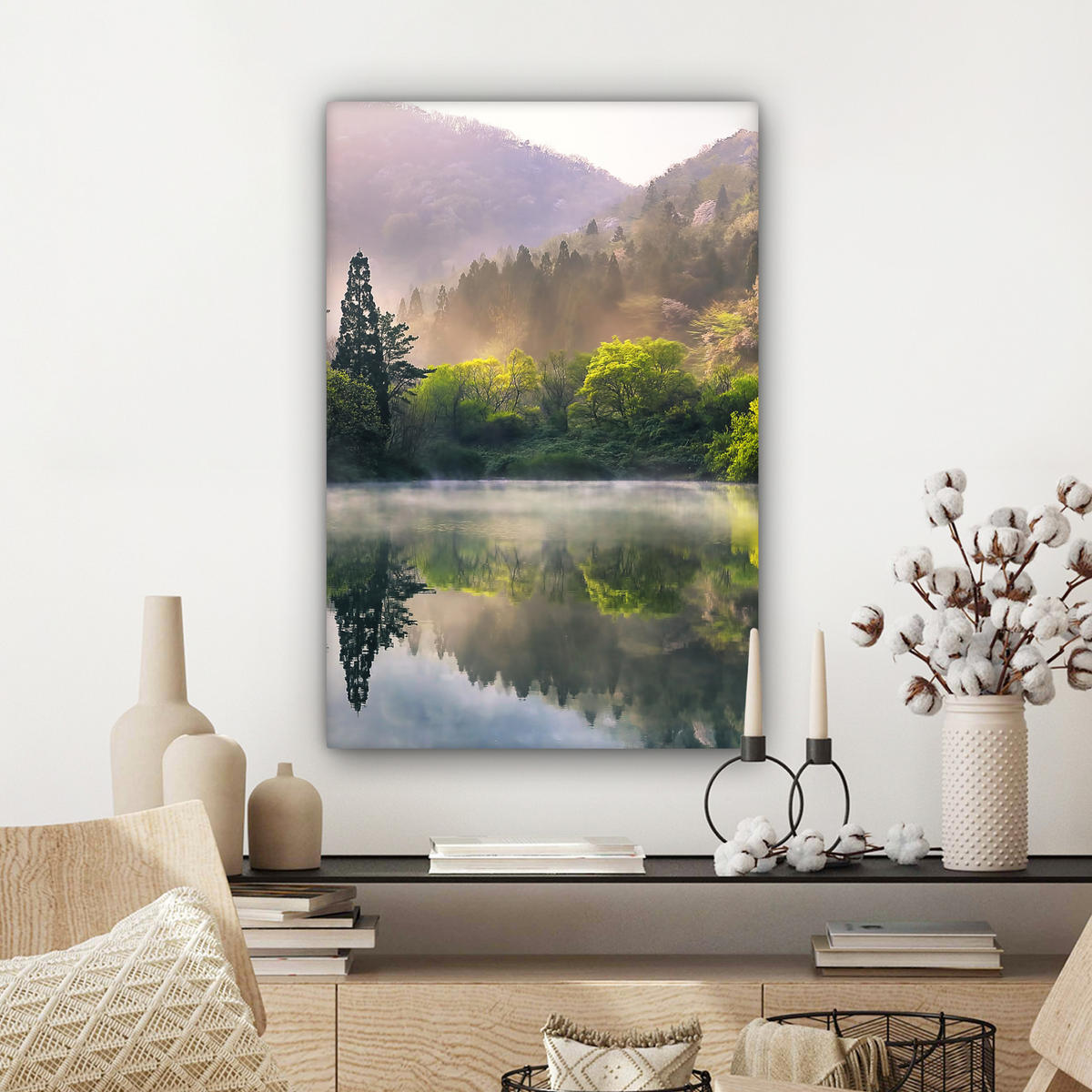 LEINWANDBILD Natur - Bäume - Berge - See - Wasser 40x60 cm - Hellgrün, Textil (40/60cm) - MuchoWow