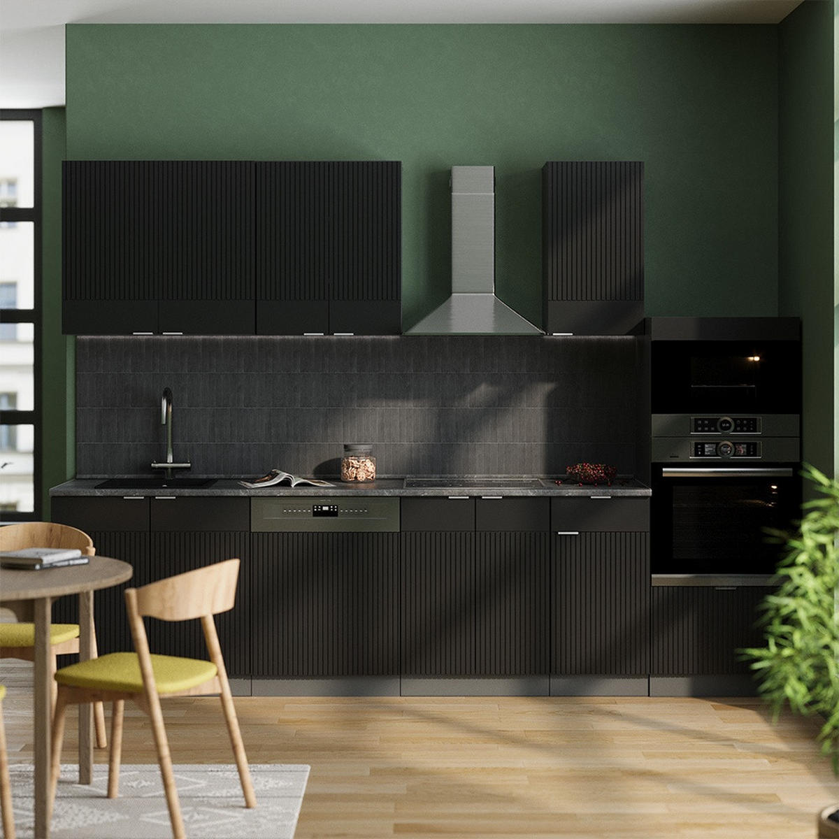 KUHINJSKI BLOK Fame-Line Crna Prugasta/Antracit 300 cm s visokim ormarićem, RP Mramor - crna/antracit, drvni materijal (300/153.6/60cm) - Vicco