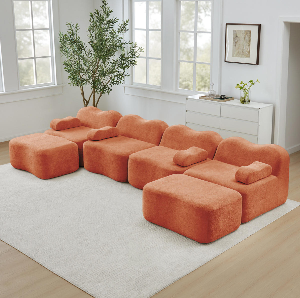 WOHNLANDSCHAFT 384/167/70 cm in Orange aus Samt mit modularen Elementen - Orange, Textil (167/70/384cm) - Flora Grace