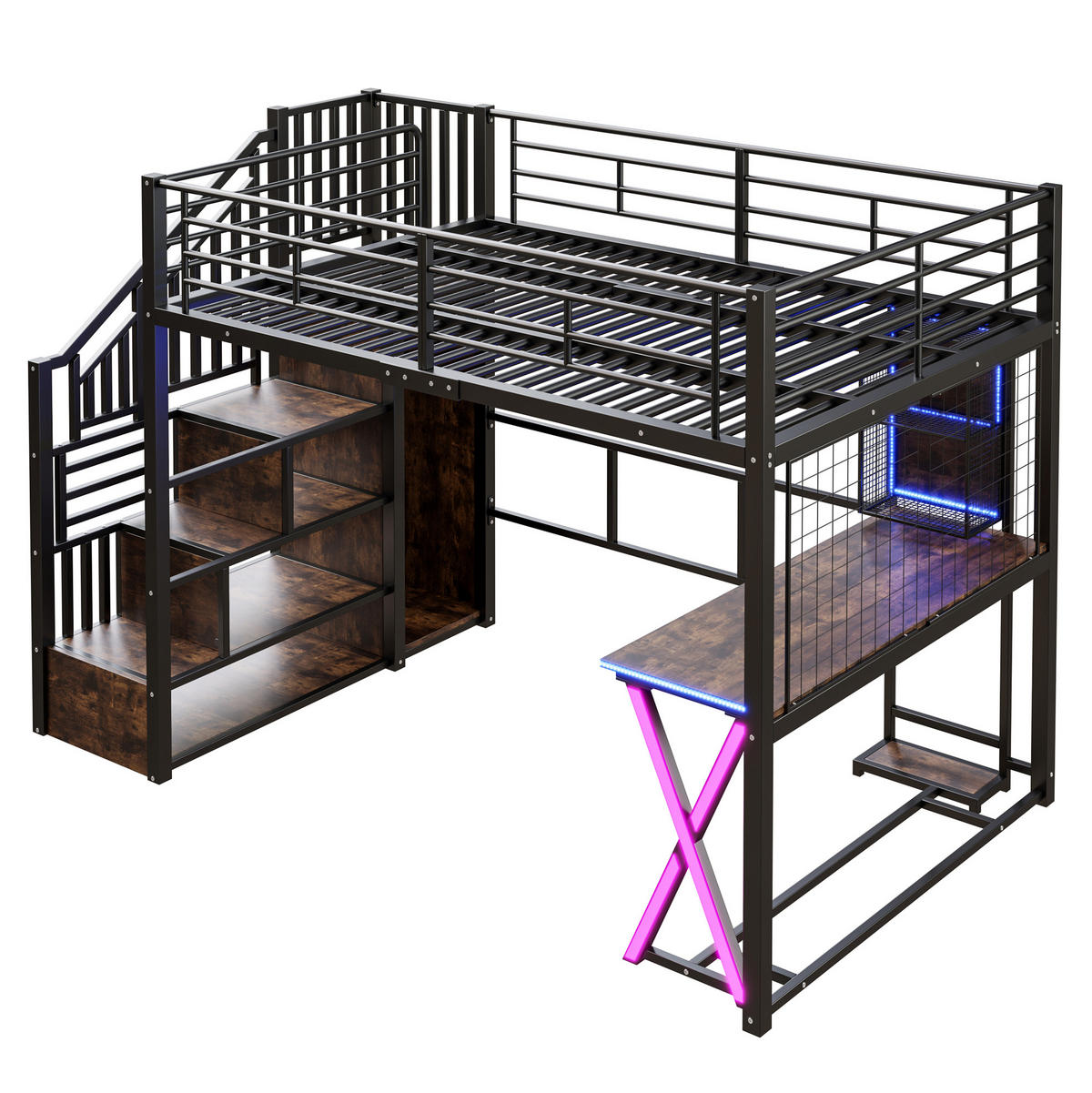 HOCHBETT 140/200 cm Schwarz mit LED-Beleuchtung, Ablageleiter, Schreibtisch, Kleiderschrank und Regalen - Schwarz, Metall (140/200cm) - OKMYHOME