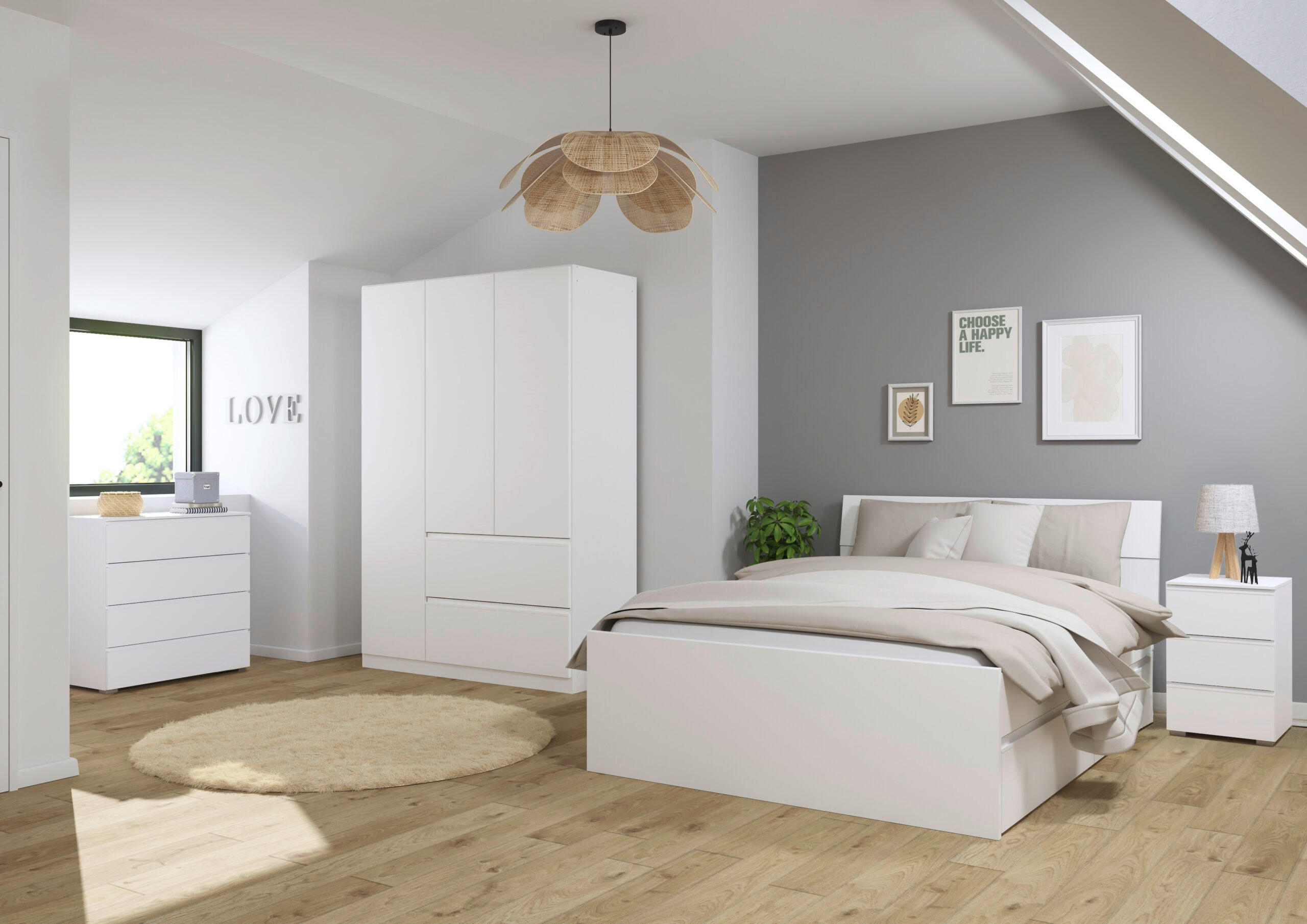 JUGENDZIMMER Joel in Weiß 4 teilig – mit 3türigem Kleiderschrank ohne Spiegel, 140er Jugendbett, Nachttisch und Kommode - Weiß, Holzwerkstoff (80/200/120cm)