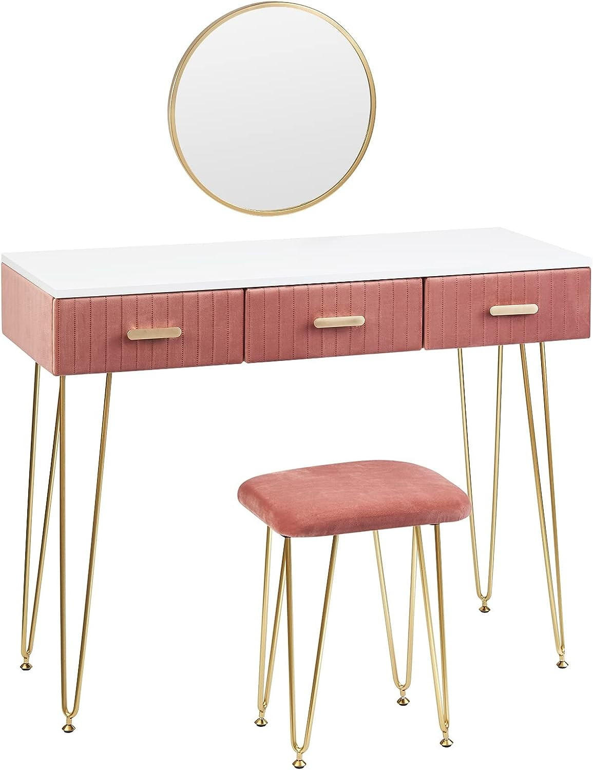 SCHMINKTISCH mit Hocker Spiegel - Goldfarben/Rosa, Holzwerkstoff/Metall (100/77.5/40cm) - Woltu